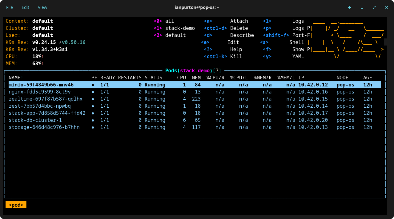 k9s showing Stack-managed services running in Docker Desktop Kubernetes